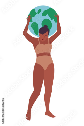 African american woman hold the world globe. Girls rule the world. Women power. The future is female. Racism, feminism, womens day, gender equality, body positive, Earth day concepts. 