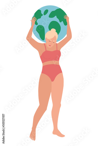 Woman hold the world globe. Girls rule the world. Women power. The future is female. Feminism, womens day, gender equality, body positive, Earth day concepts. Flat Vector stock illustration.