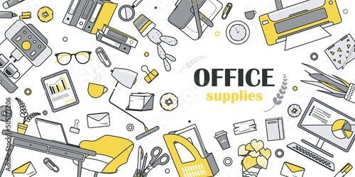 Office supplies concept for banner design with flat line doodle pattern. Hand drawing texture with document, computer, desktop, armchair, lamp, letter, cup, coffee machine. Vector illustration for web