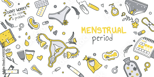 Menstrual period concept for banner design with flat line doodle pattern. Hand drawing texture with uterus, cup, Venus sign, calendar, heating pad, panty, tablets, tampons. Vector illustration for web photo