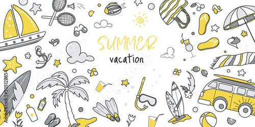 Summer vacation concept for banner design with flat line doodle pattern. Hand drawing texture with car, surfing, towel, umbrella, palm, slippers, cocktail and diving mask. Vector illustration for web