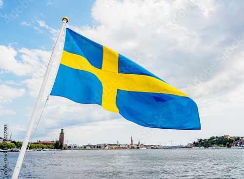 Swedish Flag at the boat at Riddarfjarden, Stockholm, Stockholm County, Sweden