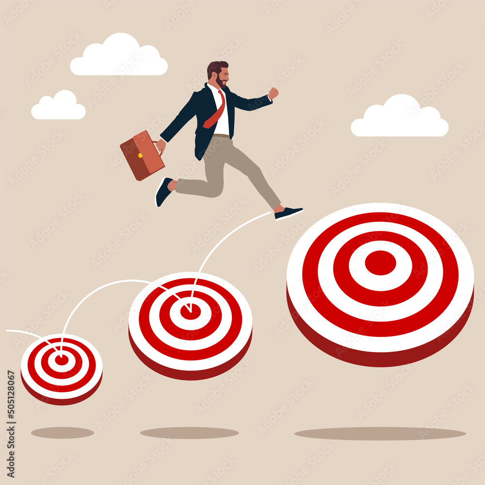 Smart businessman jumping on bigger and higher archery bull's eye target. Aspiration and motivation to achieve bigger business target, advancement in career or business growth concept. Smart businessman jumping on bigger and higher archery bull's eye target. Aspiration and motivation to achieve bigger business target, advancement in career or business growth concept.