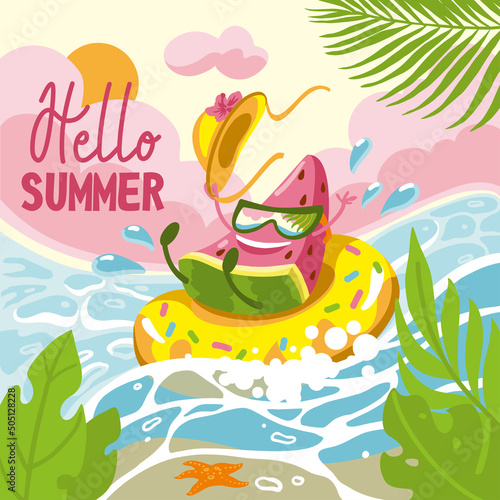 Cheerful watermelon in sunglasses floats in the sea. Summer party.  Hello summer. Vector illustration.