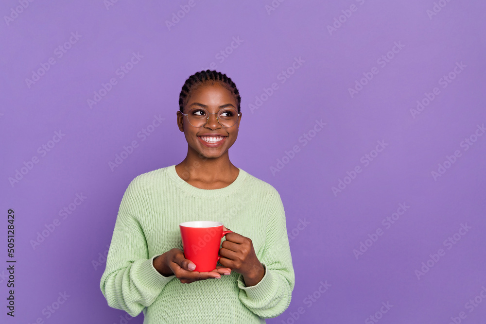 Portrait of casual style female drinking latte look blank space fantasizing dream creative ideas isolated on violet color background Portrait of casual style female drinking latte look blank space fantasizing dream creative ideas isolated on violet color background