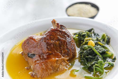 Traditional North Brazilian dish of Pato no Tucupi with Jambu. Amazon Gastronomy.