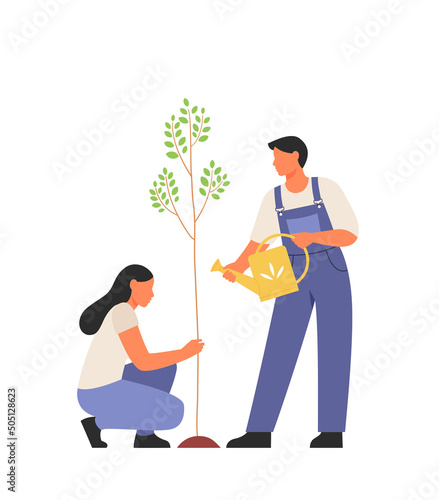 Young woman and man are planting and watering a tree. People care about the environment. Plant sprout growing and cultivation. Volunteering concept.