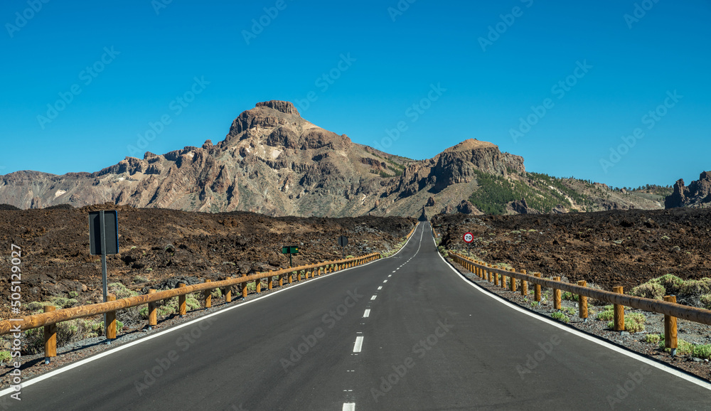  Empty asphalt road in Teide National Park. Tenerife Island. - obrazy, fototapety, plakaty 