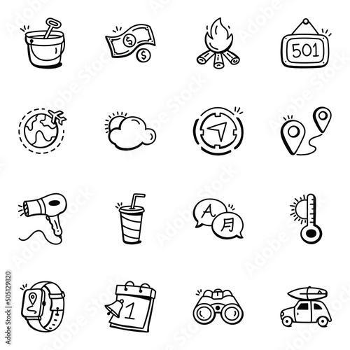 Trendy Travel Elements Doodle Icons 