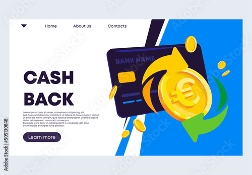 Vector illustration of a banner template for a website, the concept of cashback in euros with a bank card, euro gold coins and arrows photo