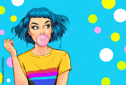 Fashionable girl with a stylish haircut inflates a chewing gum has amazed expression. Pop Art woman 