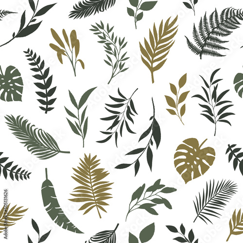 Seamless pattern of green branches and leaves on a white background