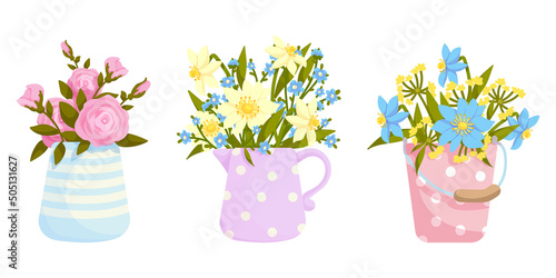 Set of bouquets of flowers in vintage vases.Cartoon vector graphic.