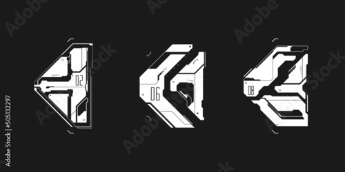 Cyberpunk futuristic arrows set. Cyber futuristic design elements set. Cyber arrows, pointers, direction. Digital tech style pointers. Cyberpunk aesthetics. Vector