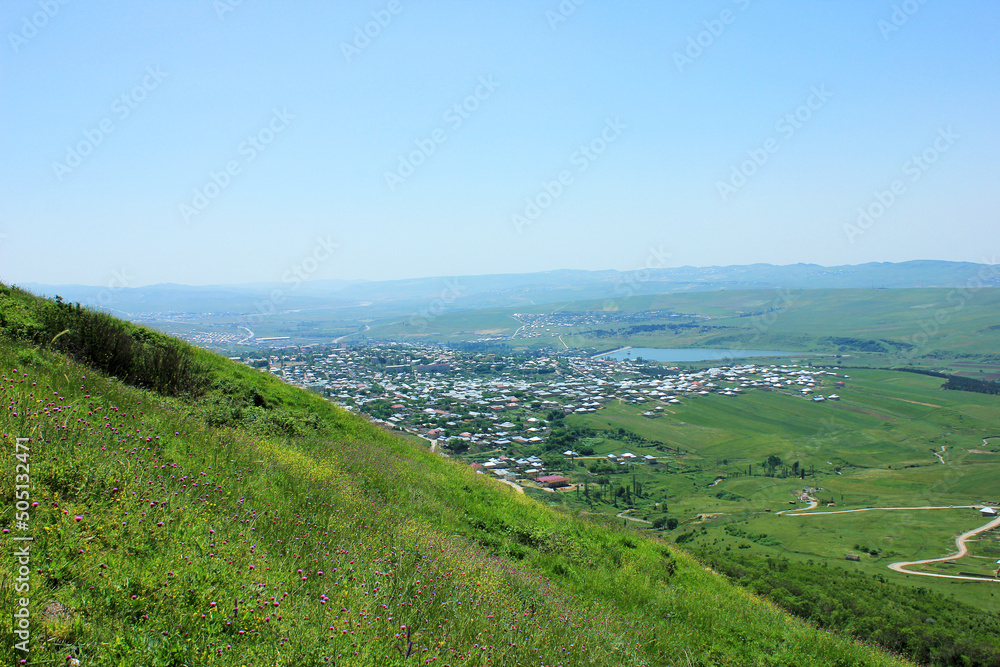 The city of Shemakha is photographed from the mountain. Azerbaijan.