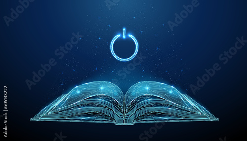 Abstract blue open book with power button