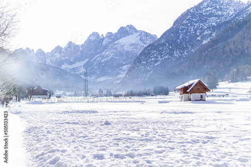 Snow in the valley of Valbruna. In front of the Julian Alps. Friuli