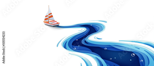 Journey of the paper sailboat in the winding blue sea