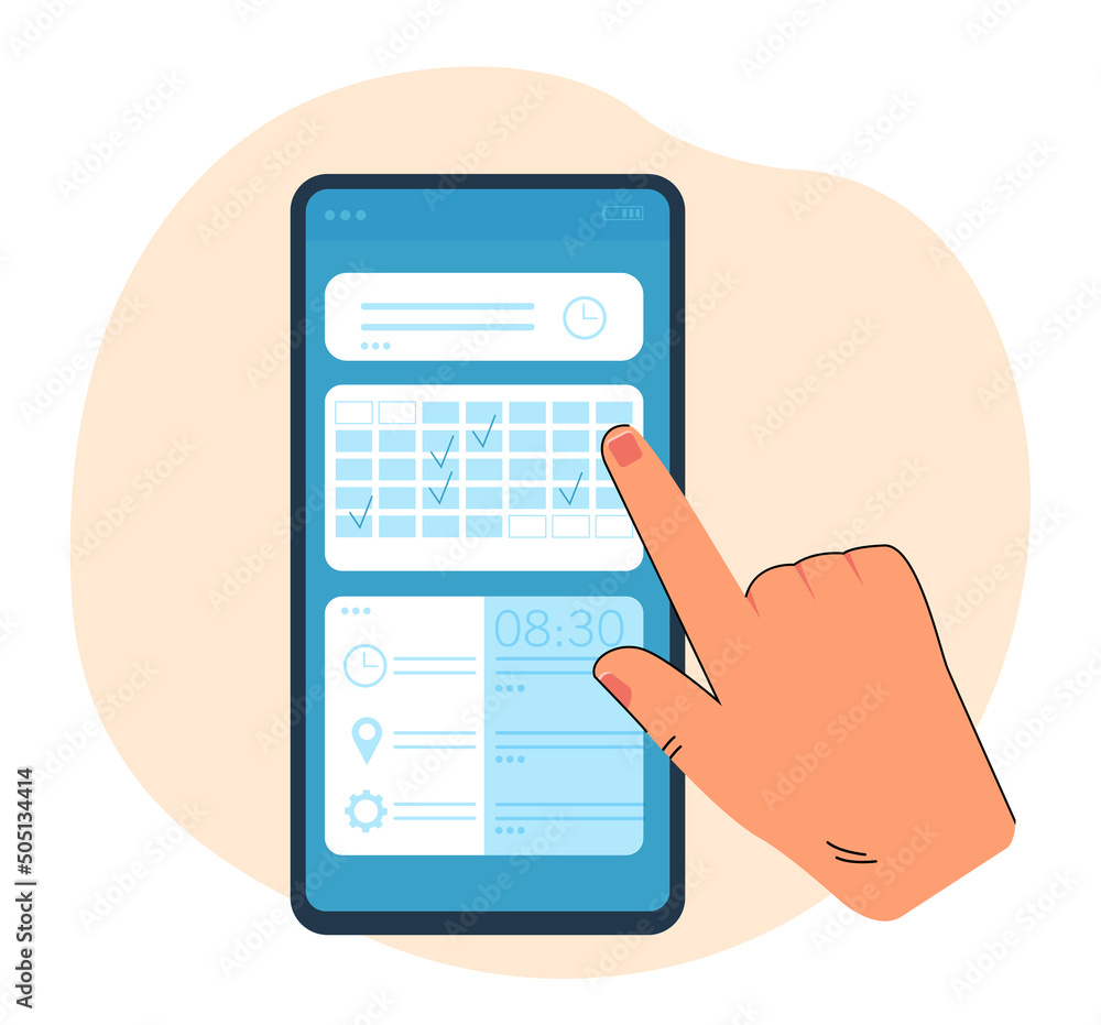 Male or female using planning app. Person checking points in app. Clock, lists. Planning, modern technology concept for banner, website design or landing web page Male or female using planning app. Person checking points in app. Clock, lists. Planning, modern technology concept for banner, website design or landing web page