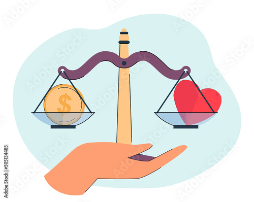Person deciding between love and money. Hand holding scale with coin and heart on it. Thinking, decision concept for banner, website design or landing web page