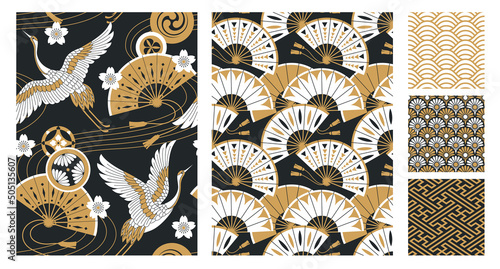 Japanese seamless patterns set with cranes, fans and oriental cherry flowers. Vector illustration.
