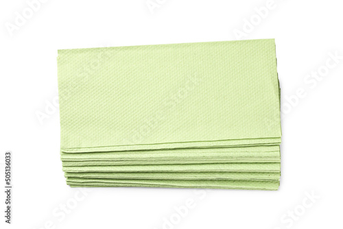 Green paper towels on white background, top view