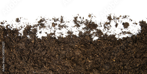 top view a pile of peat moss or soil for plants. isolated on white background photo