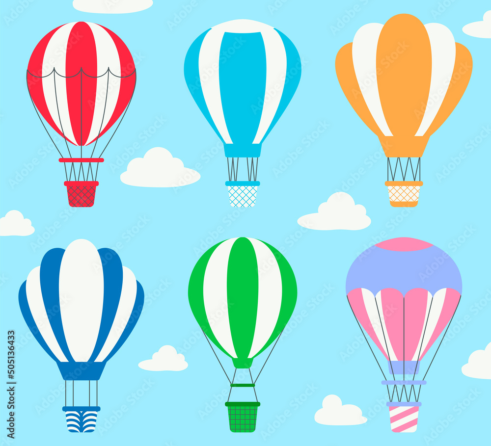Hot air balloons flying in sky flat vector illustrations set. Cute colorful hot air balloons, transport for tourists isolated on blue background with clouds. Transportation, tourism, journey concept
