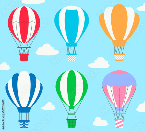 Hot air balloons flying in sky flat vector illustrations set. Cute colorful hot air balloons, transport for tourists isolated on blue background with clouds. Transportation, tourism, journey concept