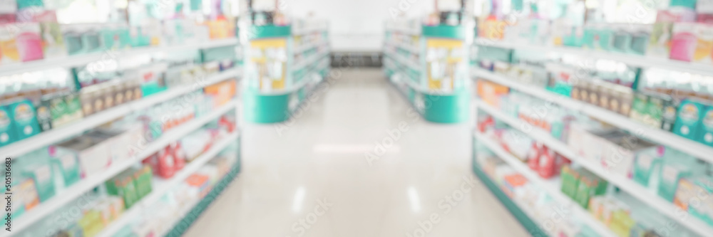 Pharmacy drugstore shelves interior blur medical background - obrazy, fototapety, plakaty 