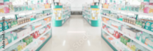 Leinwand Poster Pharmacy drugstore shelves interior blur medical background