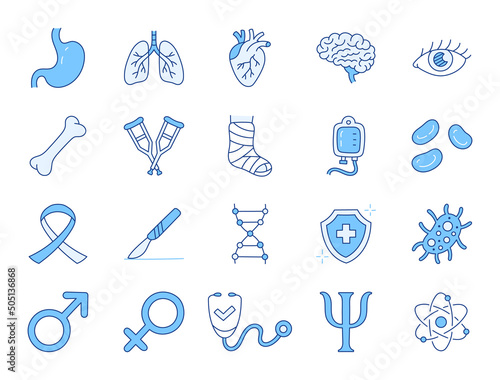Medical specialization doodle illustration including icons - stomach, urology, heart, pulmonology, immunologist, therapist, psychologist. Thin line art about healthcare. Blue Color, Editable Stroke