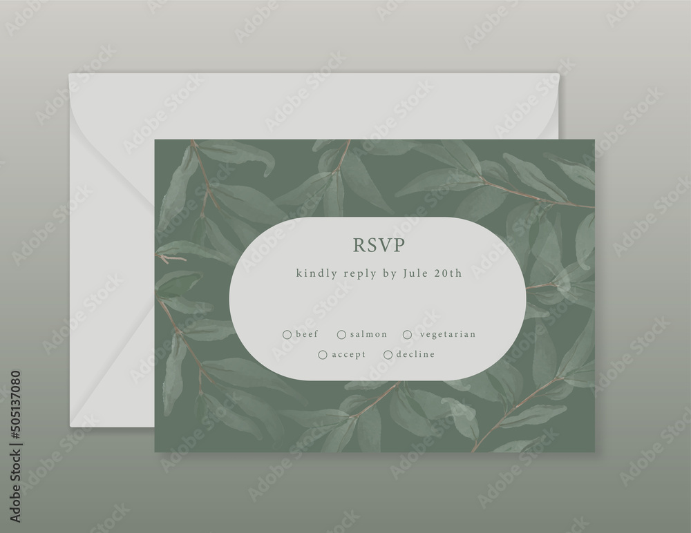 Greenery botanical RSVP card with green watercolor leaf. For wedding invitation, baby shower and vip cover template