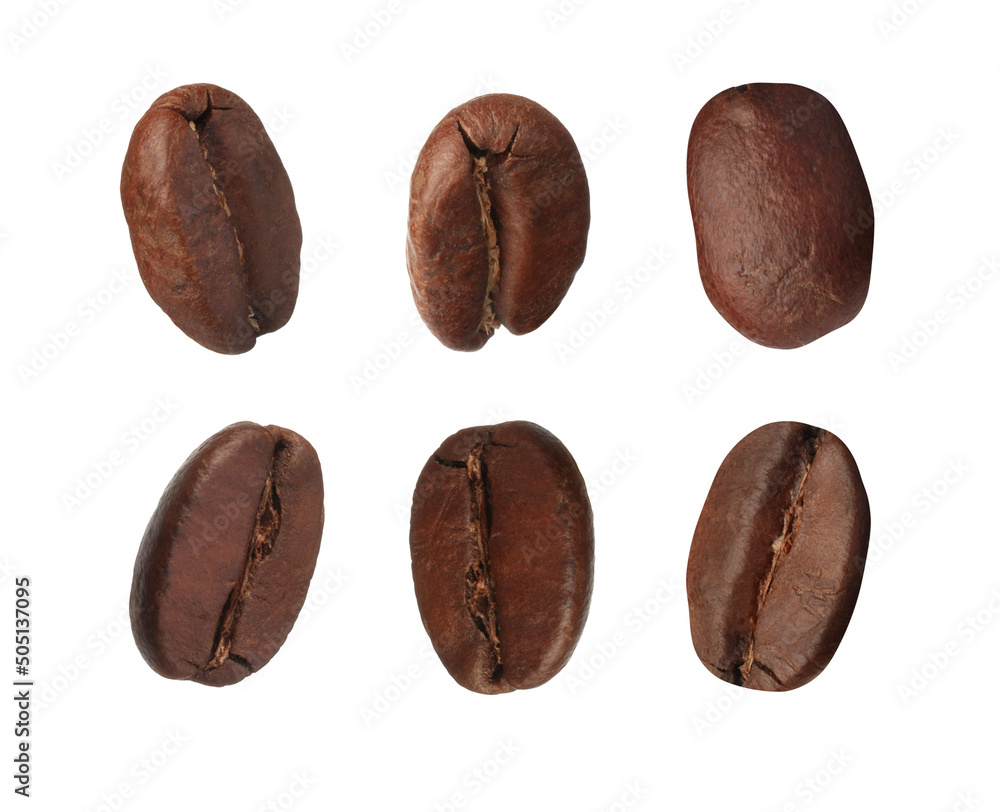 Set with aromatic roasted coffee beans on white background Set with aromatic roasted coffee beans on white background