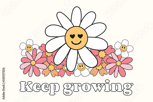 Keep growing. Slogan Print with groovy flowers, 70's Groovy Themed Hand Drawn Abstract Graphic Tee Vector Sticker