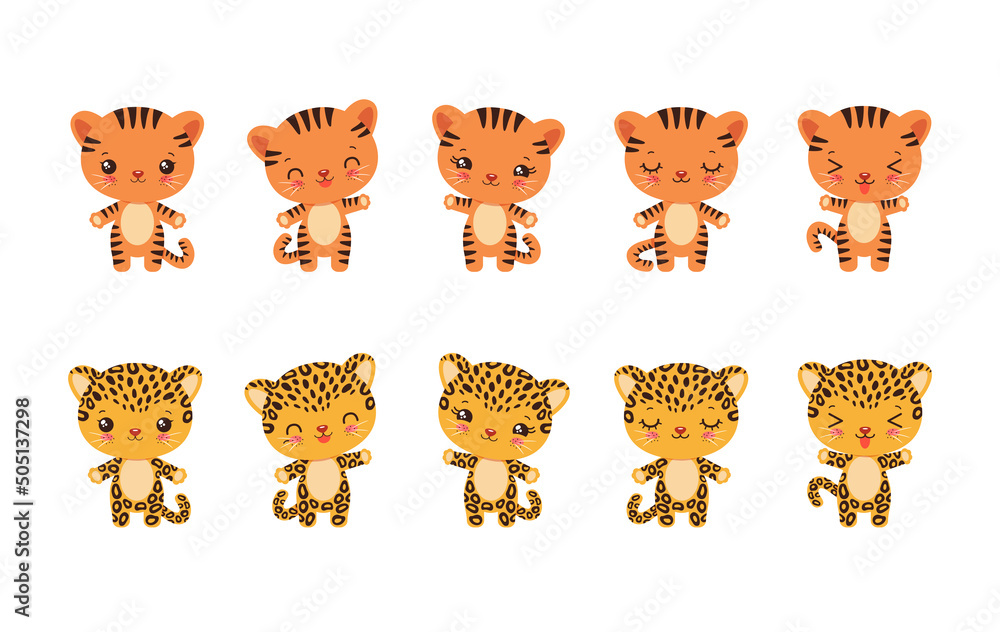 Cute kawaii tiger and leopard emoji icons. Adorable little cheetah or  jaguar cartoon character. Little tiger, leopard, cheetah showing various  emotions - cheerful, happy, calm, wawing hand paw. Stock Vector | Adobe  Stock