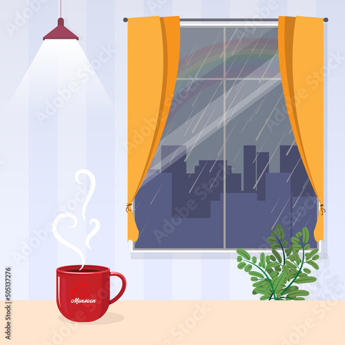 outside raining view from glass window, monsoon season background.