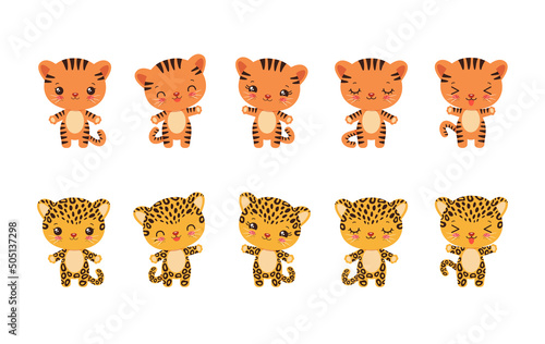 Cute kawaii tiger and leopard emoji icons. Adorable little cheetah or jaguar cartoon character. Little tiger, leopard, cheetah showing various emotions - cheerful, happy, calm, wawing hand paw.
