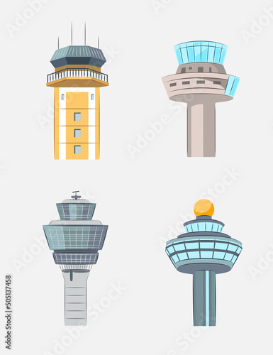 Air traffic control towers vector illustrations set. ATC, airport command center isolated on grey background. Aviation industry, traveling, tourism, transportation concept