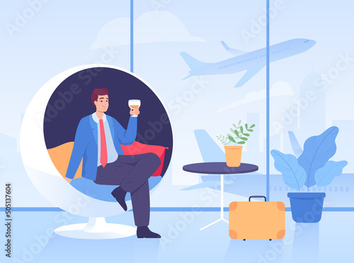Cartoon businessman sitting in chair in airport VIP lounge. Man in waiting room with drink in glass flat vector illustration. Traveling, relaxation concept for banner, website design or landing page photo
