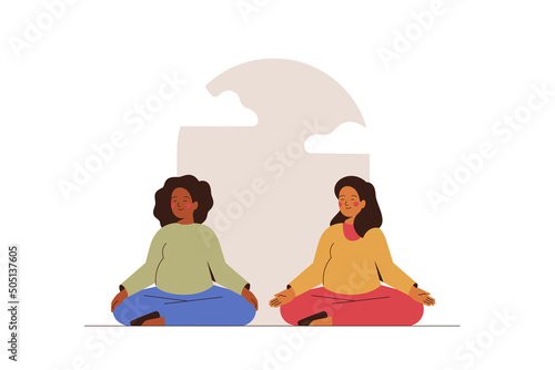 Two Pregnant women meditating near the window for saving mental health. Young mothers relaxing together in lotus posture. Balance, harmony and mindfulness concept. Vector illustration