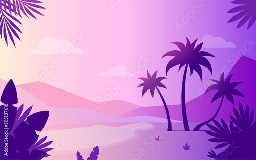 Tropic palm tree background purple flat wallpaper. Dense summer foliage forest landscape horizontal fantastic scene. Subtropical poster tourism company profile screen saver exotic country travel site © VartB