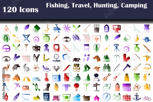 Set of 120 Icons Fishing, Travel, Hunting, Camping icons