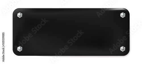 Painted metal, black color plate with four hexagons chrome bolts isolated. Label, template. Cover, stopper. Vector