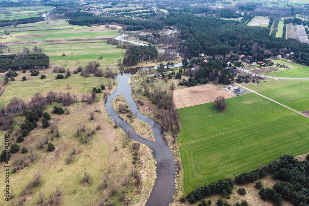 Drone view with River Liwiec near Starowola village, Masovia region, Poland