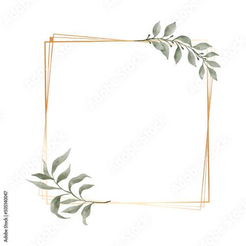 Greenery Leaf Watercolor with geometric luxury gold frame isolated on white background. Natural border for wedding, invitation and card vector illustration