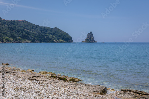 Ortholithi rock in Pentati, view from shore in Agios Gordios town, Corfu Island, Greece photo