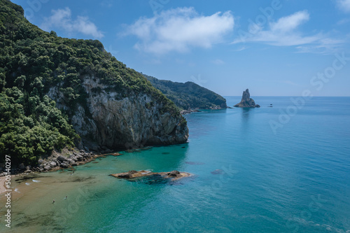 Aeriald rone photo of Ortholithi rock in Pentati village near Agios Gordios town, Corfu Island, Greece photo