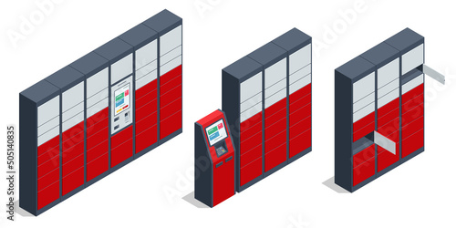Isometric parcel locker. Postman and locker with digital panel for password. The chain of autonomous postal points for self-receipt and sending of postal parcels. Postal delivery, smart self-service