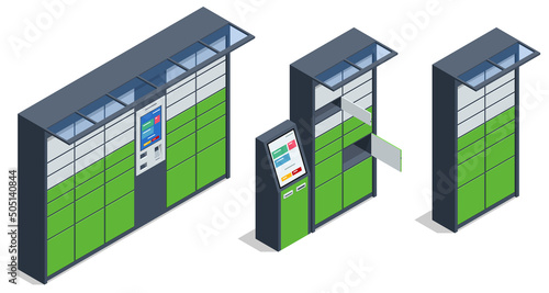 Isometric parcel locker. Postman and locker with digital panel for password. The chain of autonomous postal points for self-receipt and sending of postal parcels. Postal delivery, smart self-service